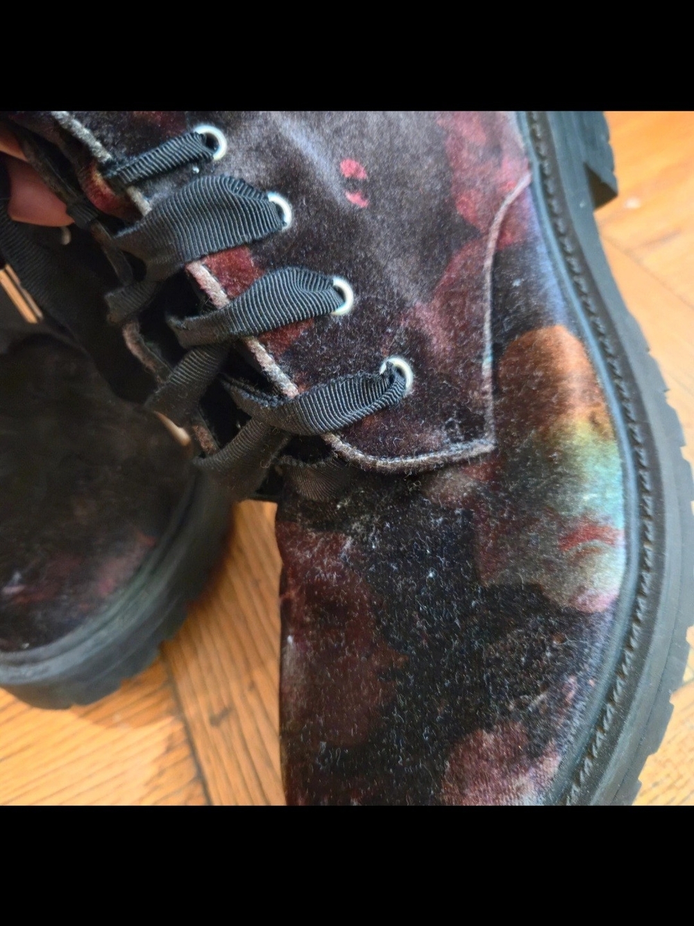 Steve Madden Velvet Lace-Up Ankle Boots in Burgundy and Black - Picture 6 of 9